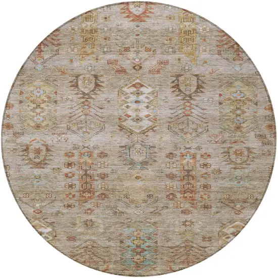 8' Beige And Copper Round Tribal Washable Indoor Outdoor Area Rug Photo 3