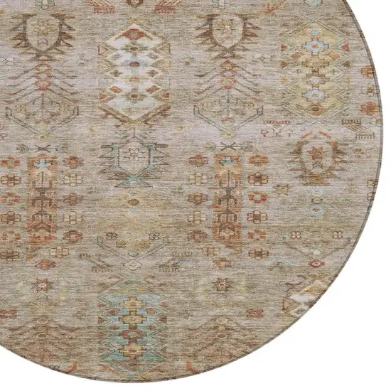 8' Beige And Copper Round Tribal Washable Indoor Outdoor Area Rug Photo 4