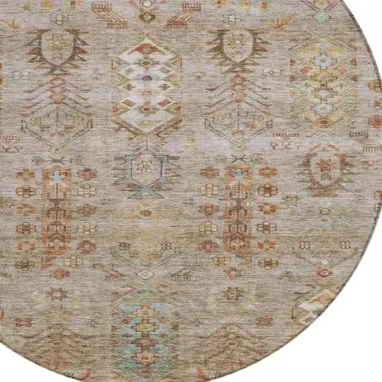 8' Beige And Copper Round Tribal Washable Indoor Outdoor Area Rug Photo 8