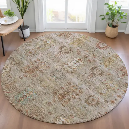 8' Beige And Copper Round Tribal Washable Indoor Outdoor Area Rug Photo 6