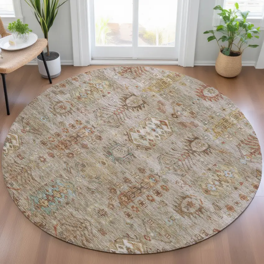 8' Beige And Copper Round Tribal Washable Indoor Outdoor Area Rug Photo 6