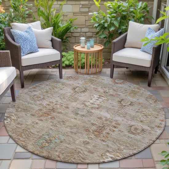 8' Beige And Copper Round Tribal Washable Indoor Outdoor Area Rug Photo 5