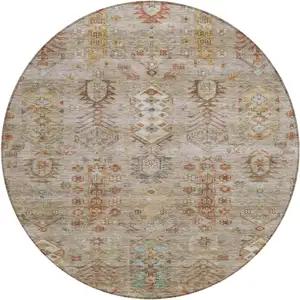 Photo of 8' Beige And Copper Round Tribal Washable Indoor Outdoor Area Rug