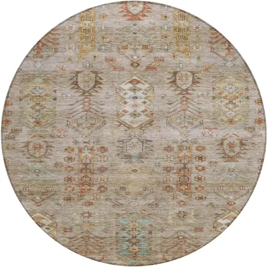 8' Beige And Copper Round Tribal Washable Indoor Outdoor Area Rug Photo 1