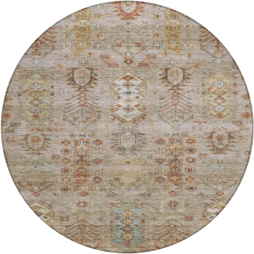 8' Beige And Copper Round Tribal Washable Indoor Outdoor Area Rug Photo 1