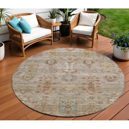 8' Beige And Copper Round Tribal Washable Indoor Outdoor Area Rug Photo 2