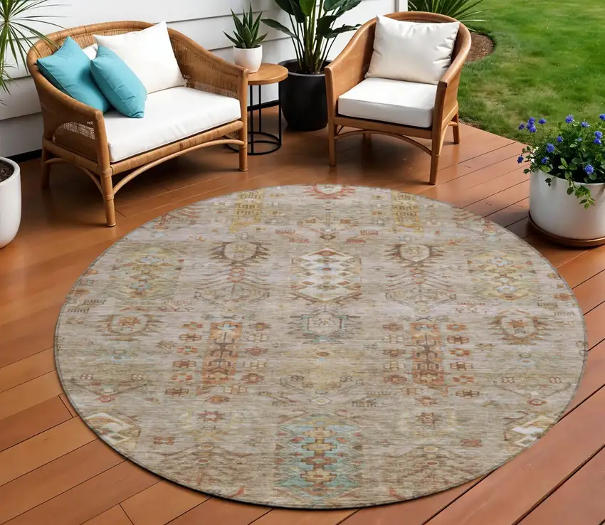 8' Beige And Copper Round Tribal Washable Indoor Outdoor Area Rug Photo 2
