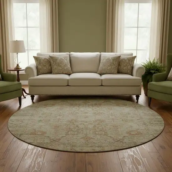 8' Beige And Coral Oriental Washable Round Rug With UV Protection Photo 2