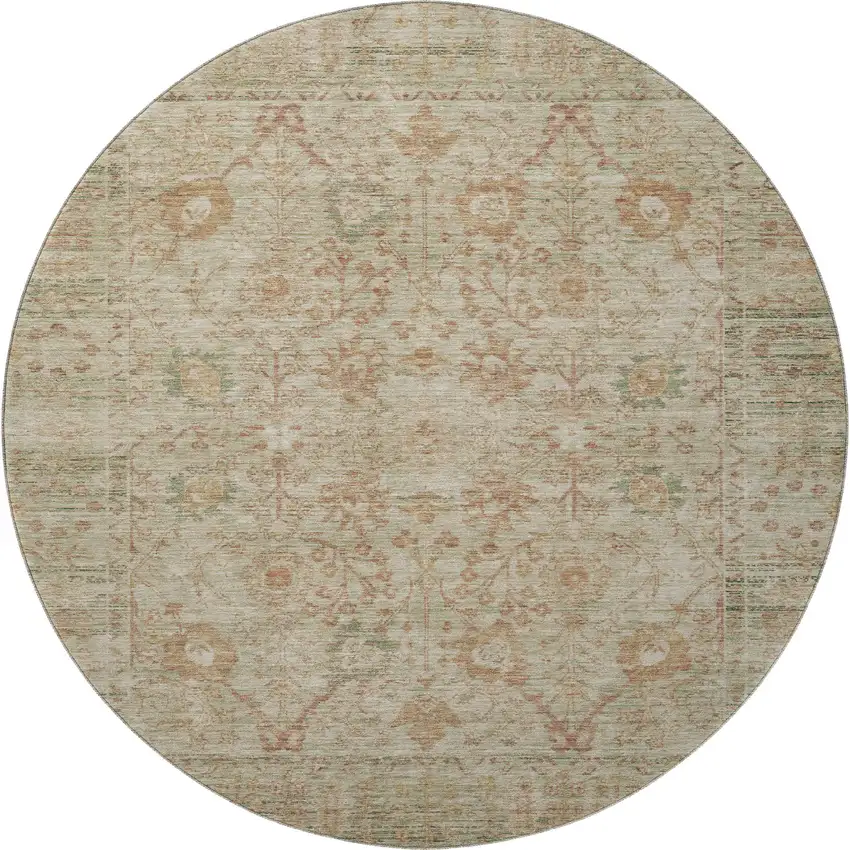 8' Beige And Coral Oriental Washable Round Rug With UV Protection Photo 3