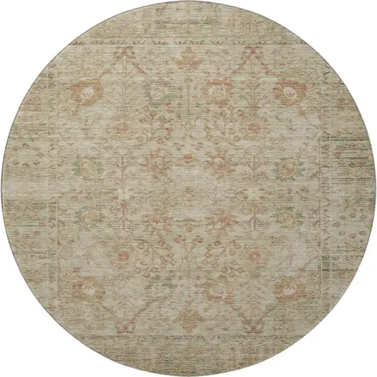 8' Beige And Coral Oriental Washable Round Rug With UV Protection Photo 3
