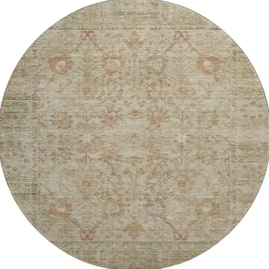 8' Beige And Coral Oriental Washable Round Rug With UV Protection Photo 2