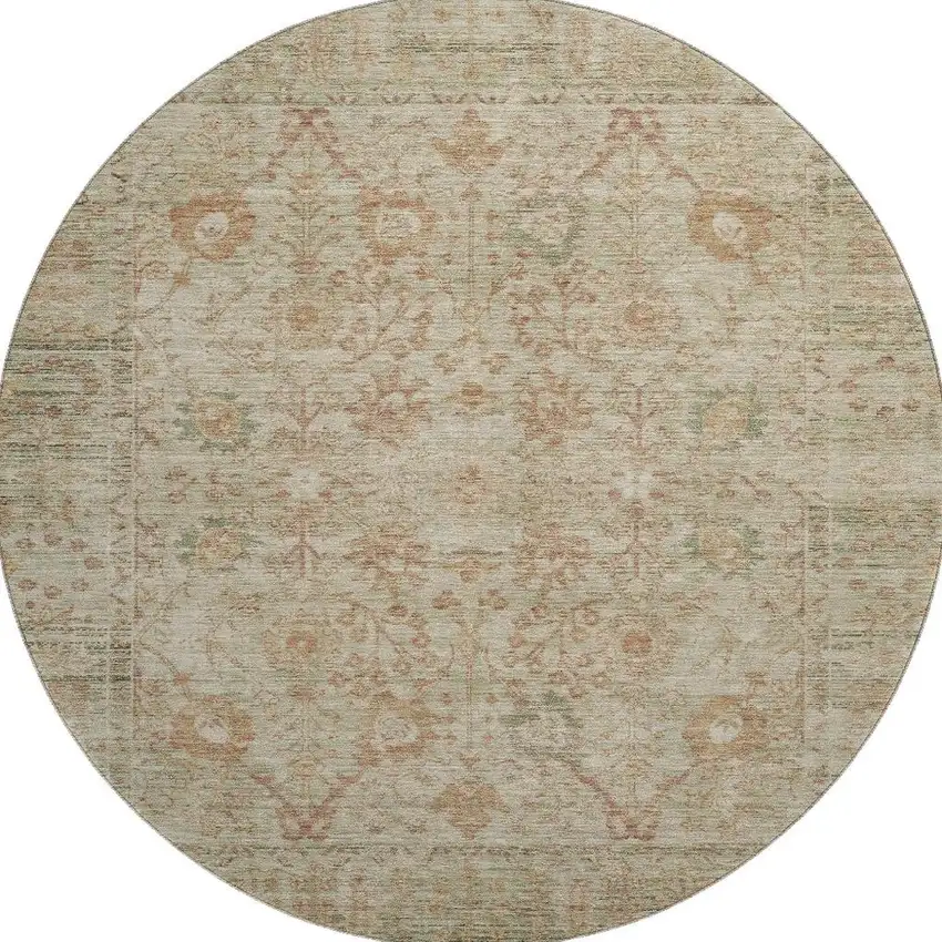 8' Beige And Coral Oriental Washable Round Rug With UV Protection Photo 2
