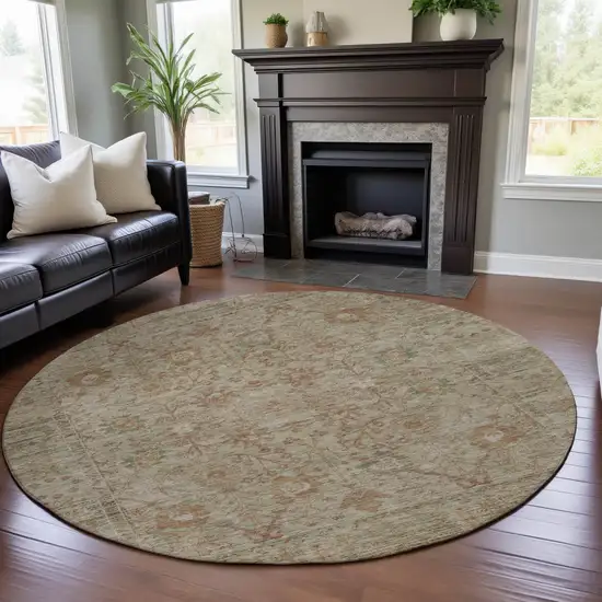 8' Beige And Coral Oriental Washable Round Rug With UV Protection Photo 4