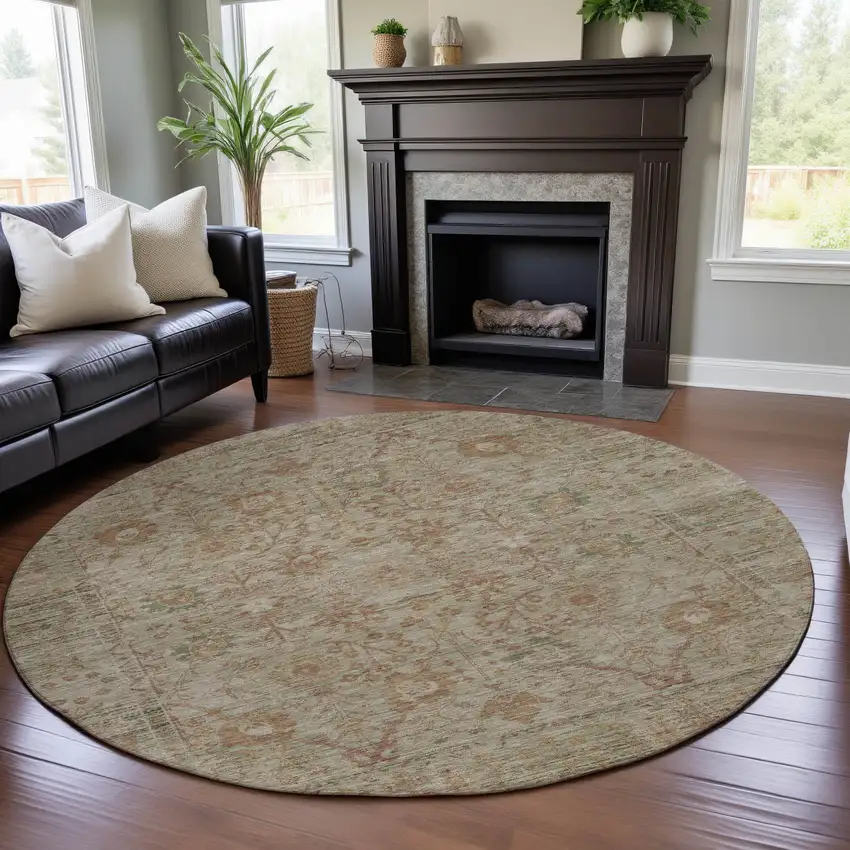 8' Beige And Coral Oriental Washable Round Rug With UV Protection Photo 4