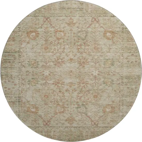 8' Beige And Coral Oriental Washable Round Rug With UV Protection Photo 1