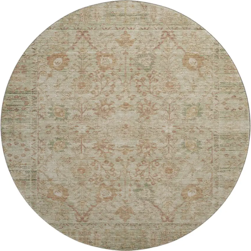 8' Beige And Coral Oriental Washable Round Rug With UV Protection Photo 1