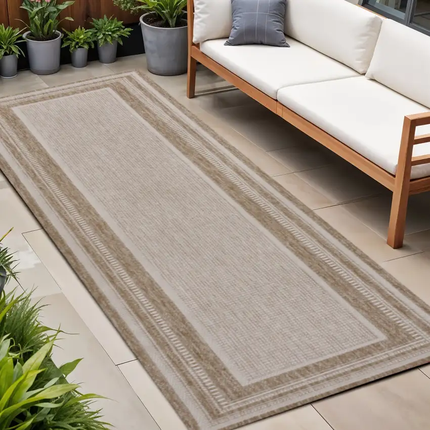 8' Beige And Cream Indoor Outdoor Runner Rug Photo 1