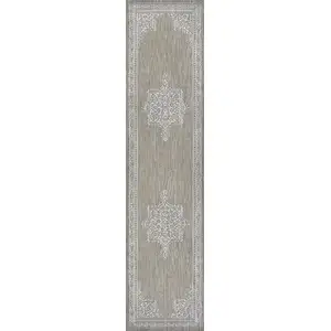 Photo of 8' Beige And Cream Medallion Indoor Outdoor Runner Rug