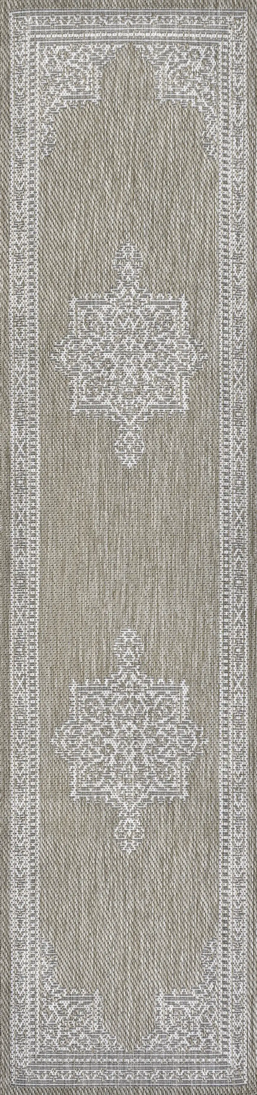 8' Beige And Cream Medallion Indoor Outdoor Runner Rug Photo 1