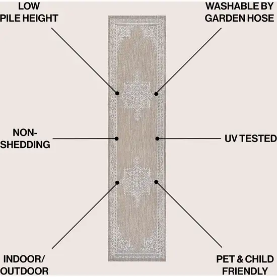 8' Beige And Cream Medallion Indoor Outdoor Runner Rug Photo 6