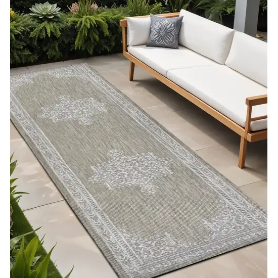 8' Beige And Cream Medallion Indoor Outdoor Runner Rug Photo 1