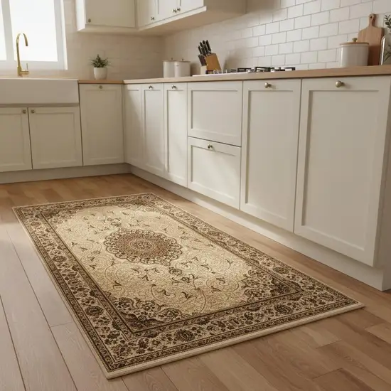 8' Beige And Cream Oriental Runner Rug Photo 1