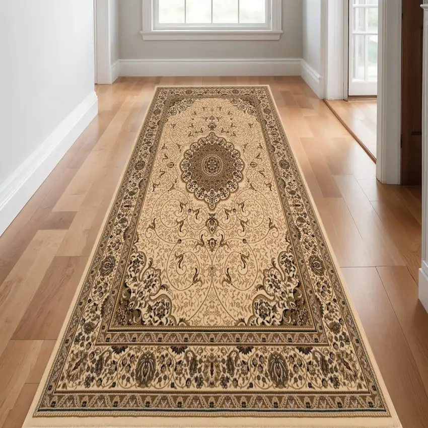 12' Beige And Cream Oriental Runner Rug Photo 1