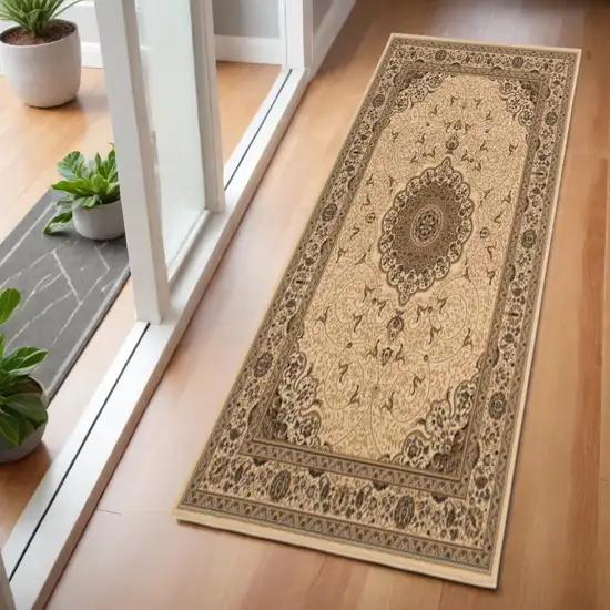 7' Beige And Cream Oriental Runner Rug Photo 1