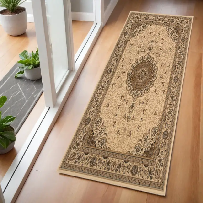 7' Beige And Cream Oriental Runner Rug Photo 1