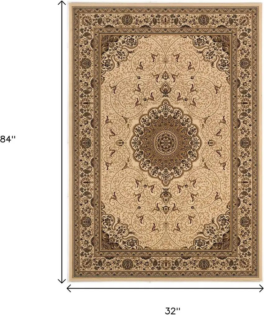 7' Beige And Cream Oriental Runner Rug Photo 3
