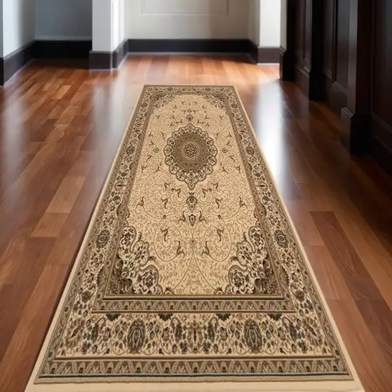 20' Beige And Cream Oriental Runner Rug Photo 1