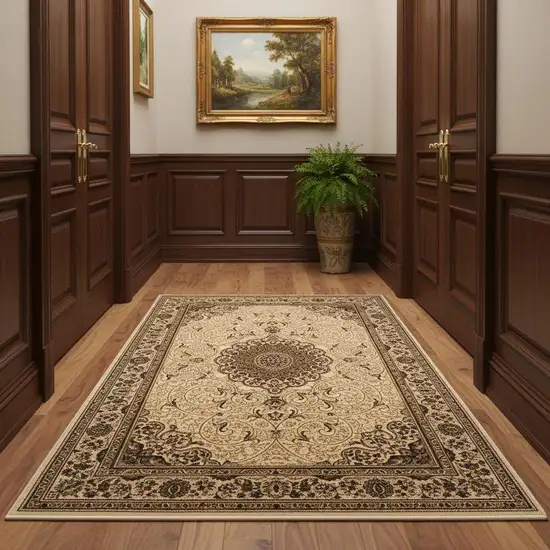 15' Beige And Cream Oriental Runner Rug Photo 1