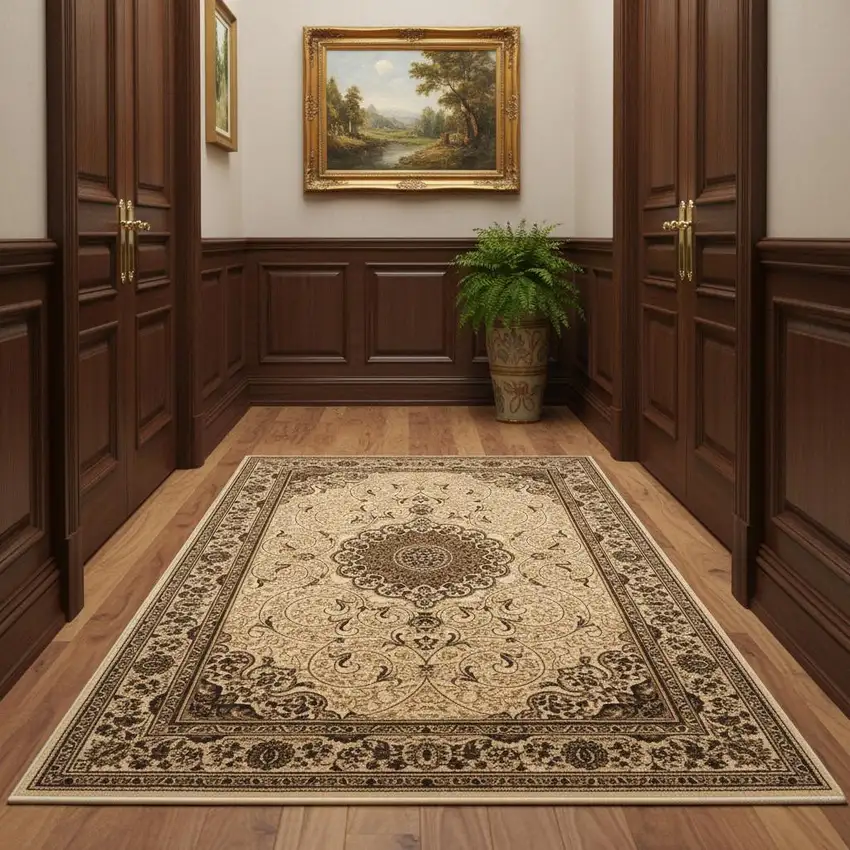 15' Beige And Cream Oriental Runner Rug Photo 1