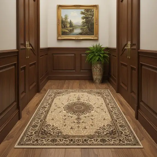 13' Beige And Cream Oriental Runner Rug Photo 1