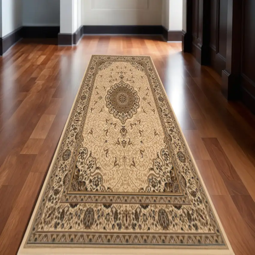 11' Beige And Cream Oriental Runner Rug Photo 1