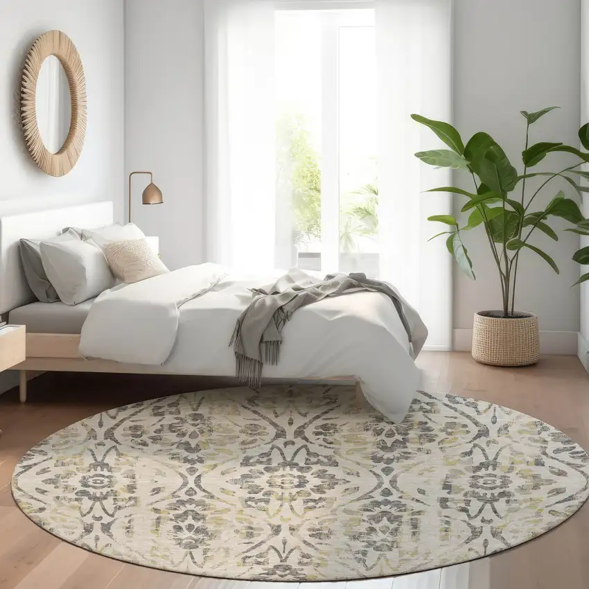 8' Beige And Dark Gray Round Floral Washable Indoor Outdoor Area Rug Photo 8