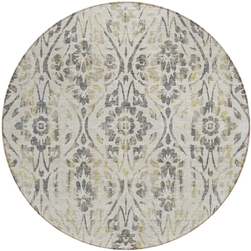 8' Beige And Dark Gray Round Floral Washable Indoor Outdoor Area Rug Photo 2