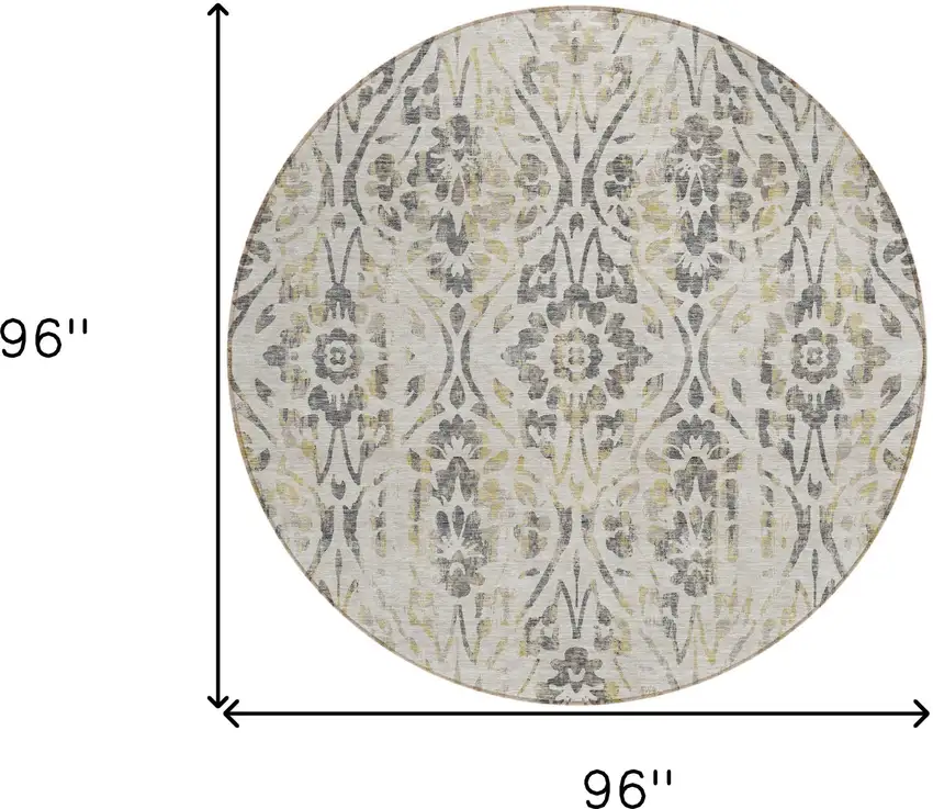 8' Beige And Dark Gray Round Floral Washable Indoor Outdoor Area Rug Photo 3