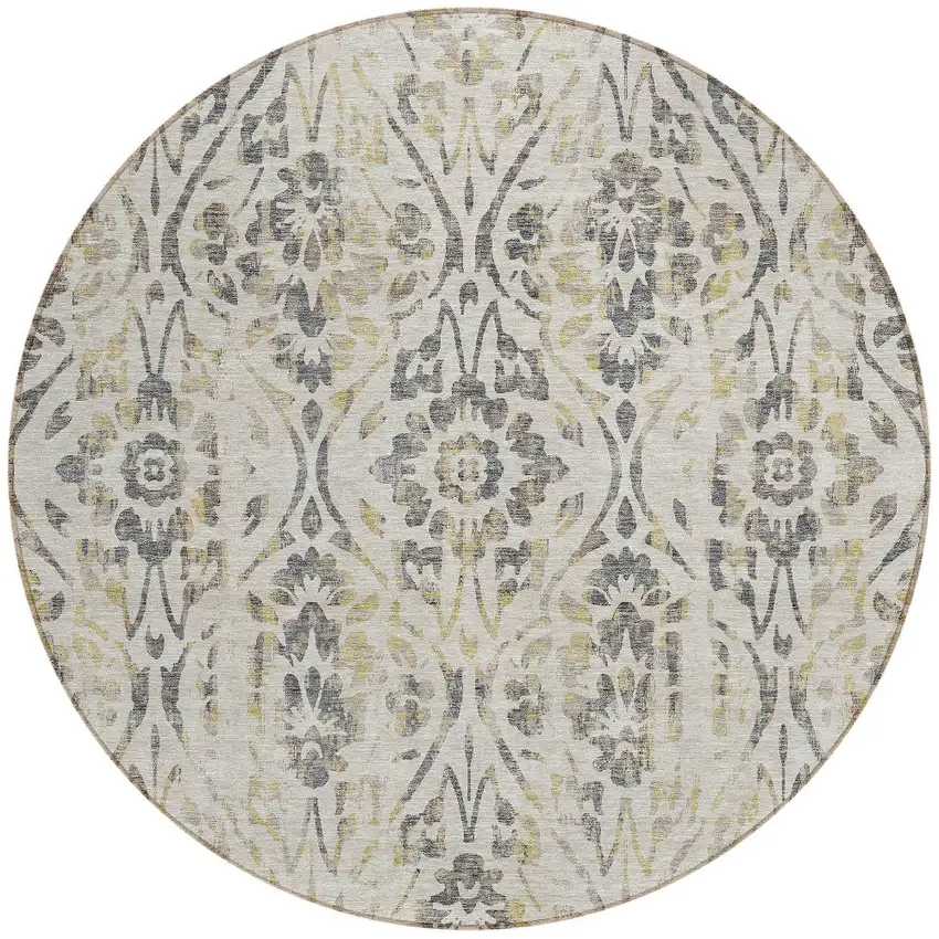 8' Beige And Dark Gray Round Floral Washable Indoor Outdoor Area Rug Photo 6