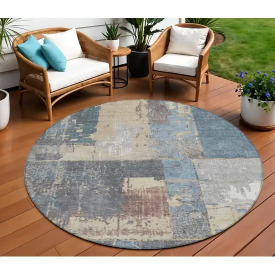 8' Beige And Denim Blue Round Abstract Washable Indoor Outdoor Area Rug Photo 2