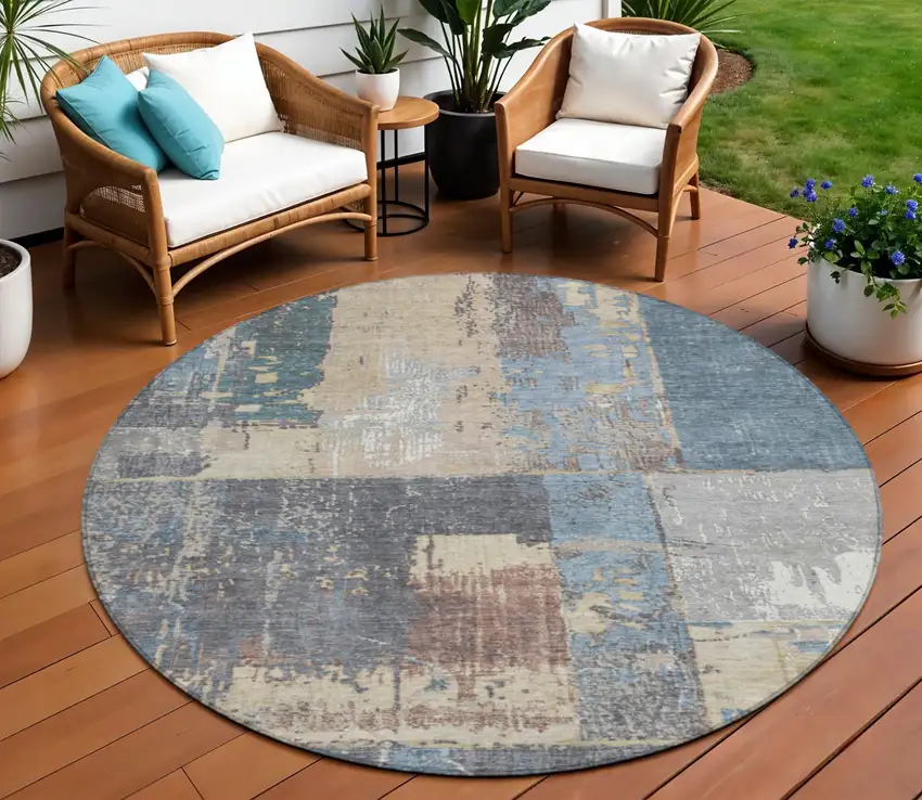 8' Beige And Denim Blue Round Abstract Washable Indoor Outdoor Area Rug Photo 2