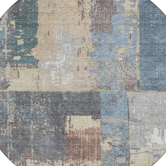 8' Beige And Denim Blue Round Abstract Washable Indoor Outdoor Area Rug Photo 4