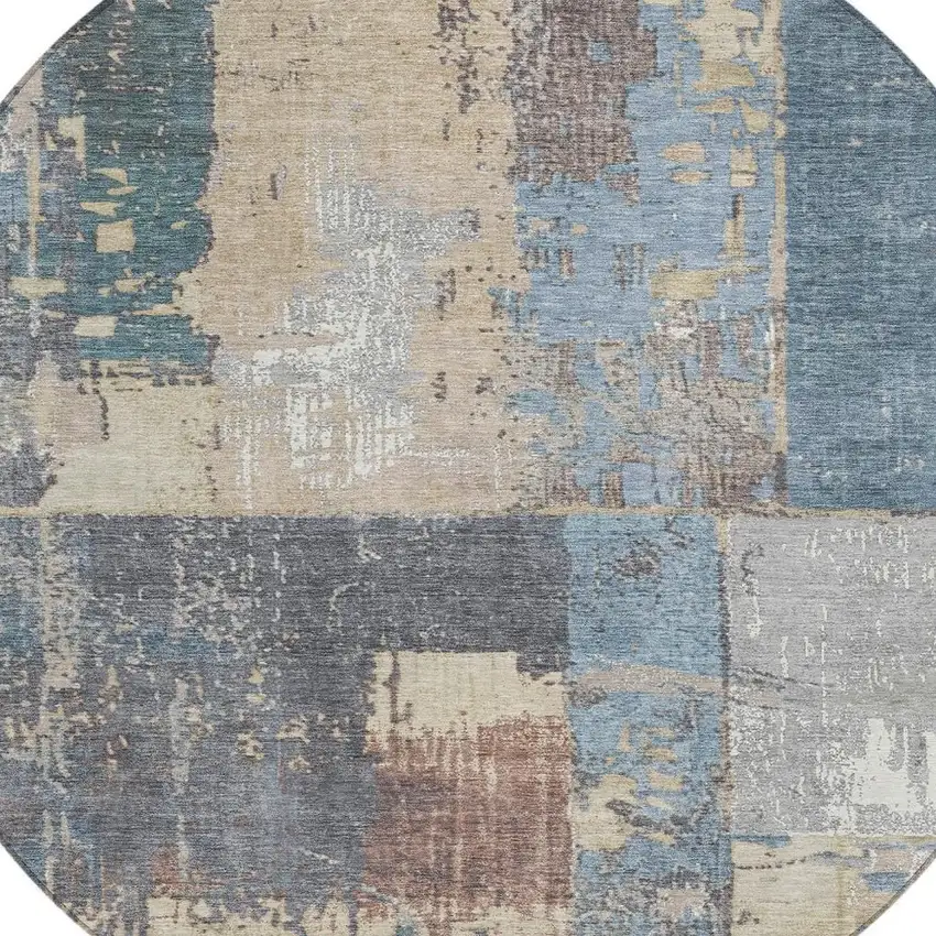8' Beige And Denim Blue Round Abstract Washable Indoor Outdoor Area Rug Photo 4