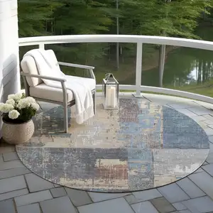 Photo of 8' Beige And Denim Blue Round Abstract Washable Indoor Outdoor Area Rug