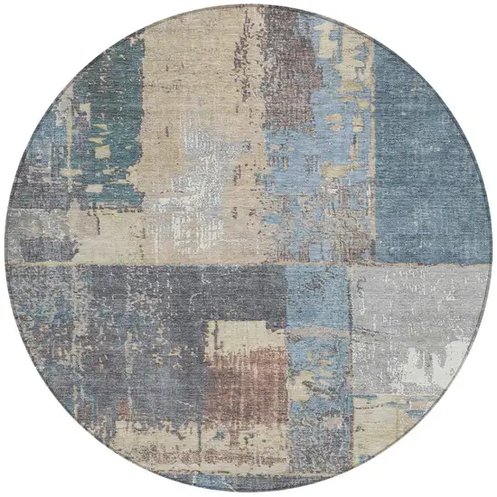8' Beige And Denim Blue Round Abstract Washable Indoor Outdoor Area Rug Photo 3