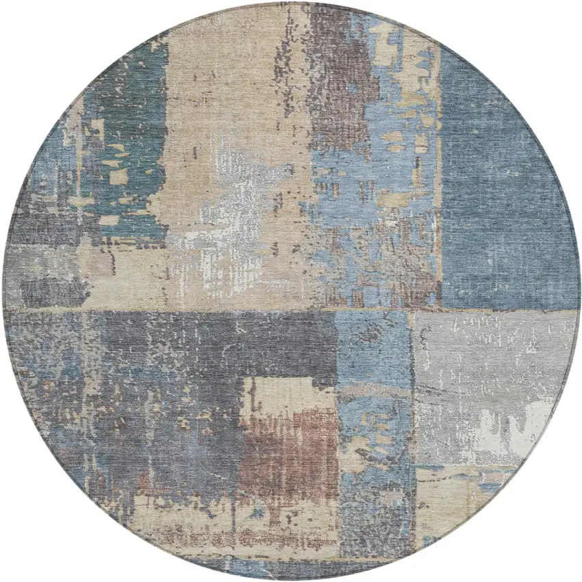 8' Beige And Denim Blue Round Abstract Washable Indoor Outdoor Area Rug Photo 1
