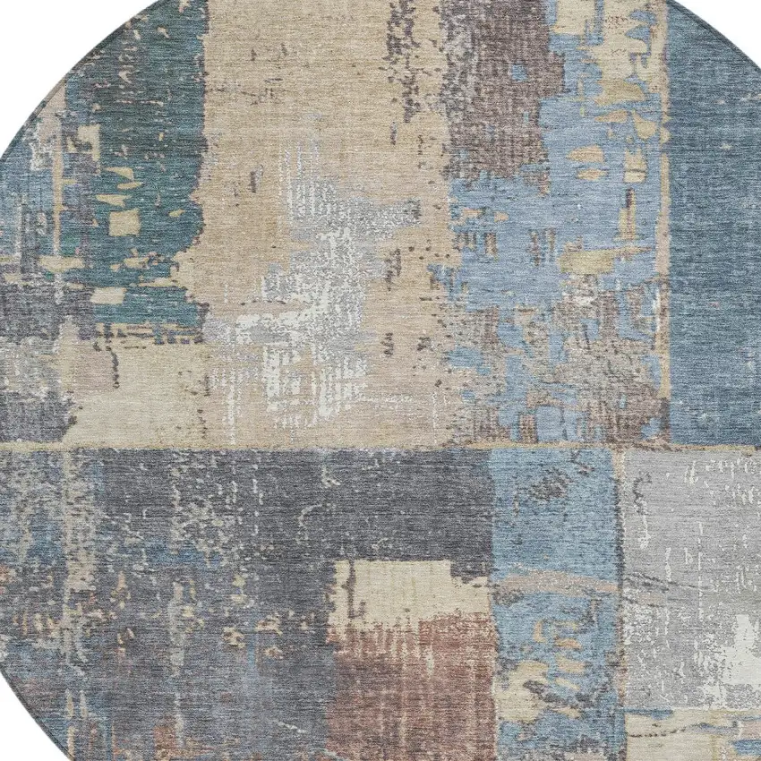 8' Beige And Denim Blue Round Abstract Washable Indoor Outdoor Area Rug Photo 8