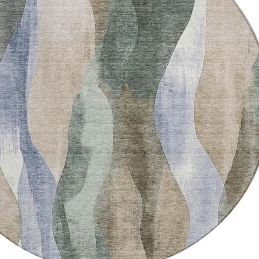 8' Beige And Denim Blue Round Abstract Washable Indoor Outdoor Area Rug Photo 8