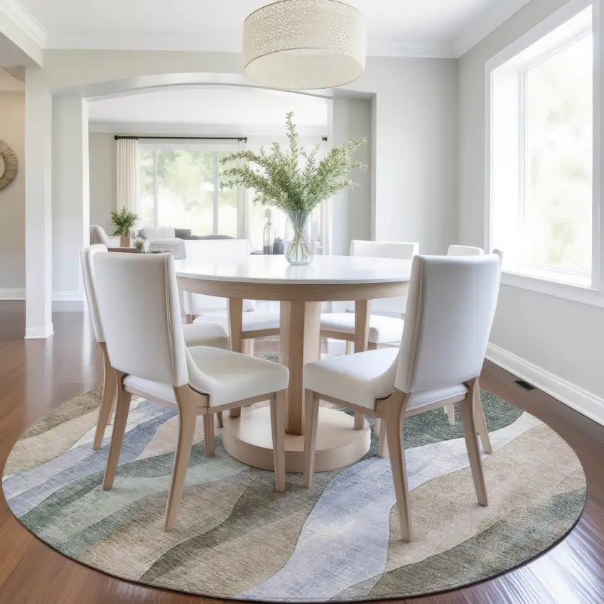 8' Beige And Denim Blue Round Abstract Washable Indoor Outdoor Area Rug Photo 6