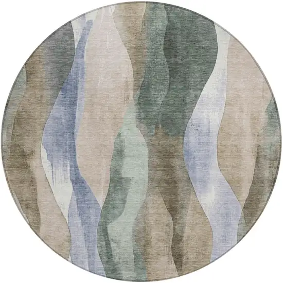 8' Beige And Denim Blue Round Abstract Washable Indoor Outdoor Area Rug Photo 1